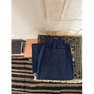 野梨树下 藏蓝色轻薄牛仔棉中长款后开叉直筒松紧腰半身裙