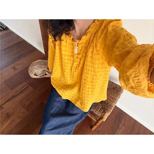 上衣 衬衫 野梨树下 姜黄色肌理感泡泡棉木耳领系带长袖