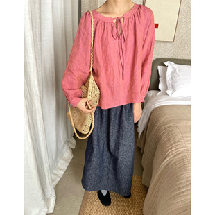 野梨树下 双色偏光梅子粉亚麻长袖衬衫宽松休闲上衣