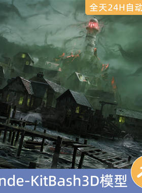 Blender素材模型资源资产KitBash3D洛夫克拉夫建筑房屋街道黑暗