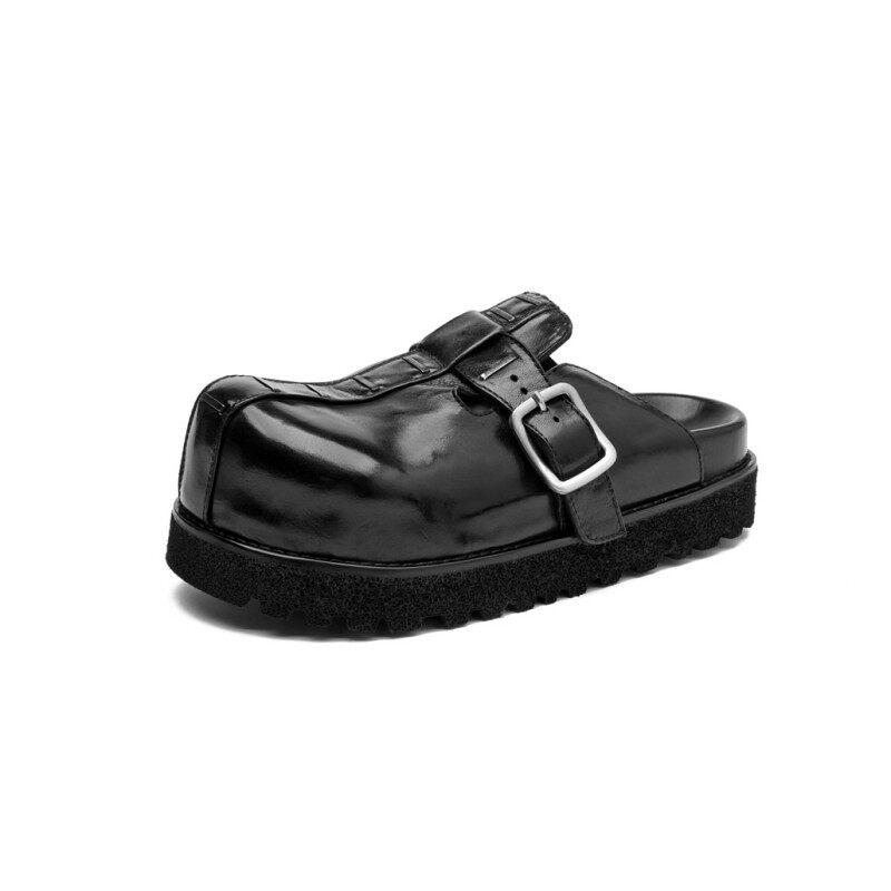 男鞋大头高级黑色勃肯拖鞋增高手工马皮水洗birken1774厚底皮