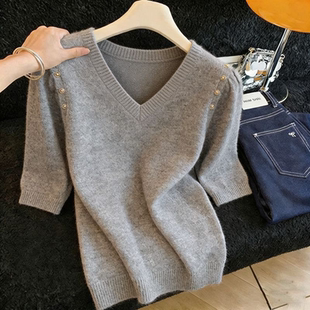 超好看爆款 胖MM复古chic洋气V领半袖 新款 女夏季 显瘦上衣 针织衫