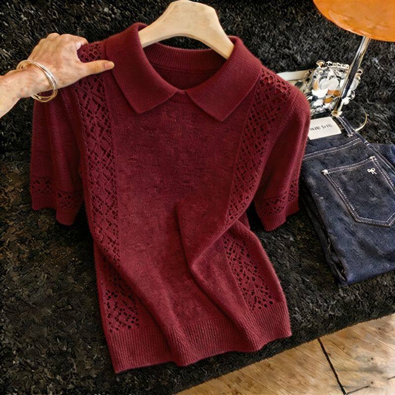 胖MM复古chic洋气红色短袖针织衫女夏季新款超好看爆款显瘦上衣