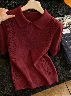 胖MM复古chic洋气红色短袖针织衫女夏季新款超好看爆款显瘦上衣