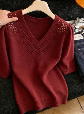 胖MM复古chic洋气V领短袖针织衫女夏季新款超好看爆款显瘦上衣