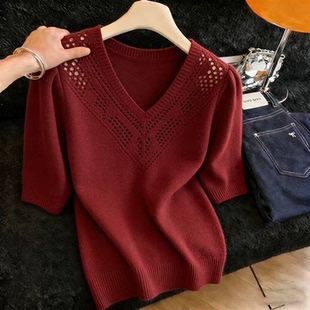 胖MM复古chic洋气V领短袖针织衫女夏季新款超好看爆款显瘦上衣