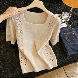超好看爆款 胖MM复古chic洋气圆领短袖 新款 女夏季 显瘦上衣 针织衫