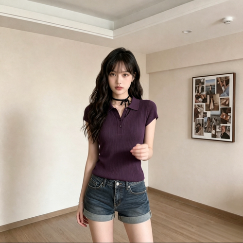 胖MM针织衫女夏薄款冰丝POLO领短袖上衣轻奢风高级感t恤纯色套头