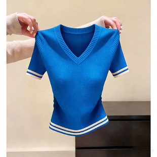 超好看爆款 胖MM复古chic洋气V领短袖 新款 女夏季 显瘦上衣 针织衫