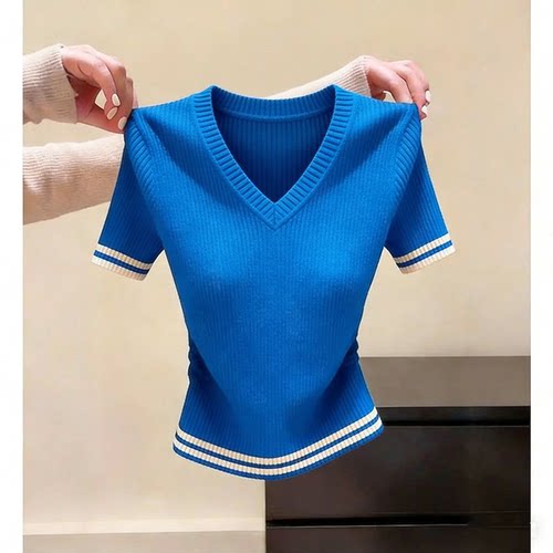 胖MM复古chic洋气V领短袖针织衫女夏季新款超好看爆款显瘦上衣
