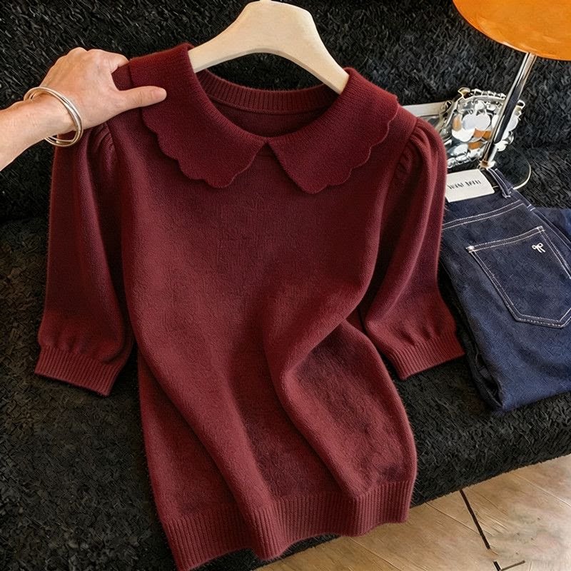 胖MM复古chic洋气红色短袖针织衫女夏季新款超好看爆款显瘦上衣