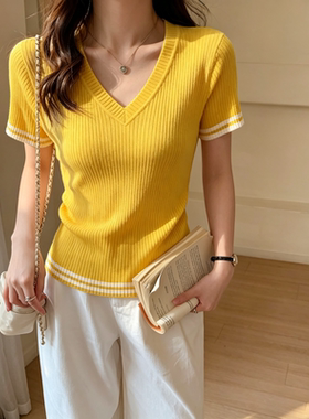 胖MM针织衫女夏薄款V领冰丝短袖上衣轻奢风高级感t恤超好看的套头