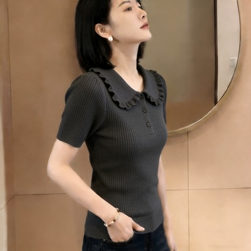 胖MM复古chic洋气娃娃领短袖针织衫女夏季新款超好看爆款显瘦上衣