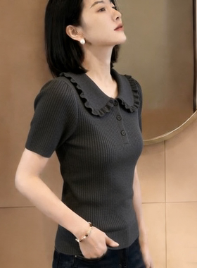 胖MM复古chic洋气娃娃领短袖针织衫女夏季新款超好看爆款显瘦上衣