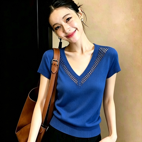 胖MM复古chic洋气V领短袖针织衫女夏季新款超好看镂空显瘦上衣