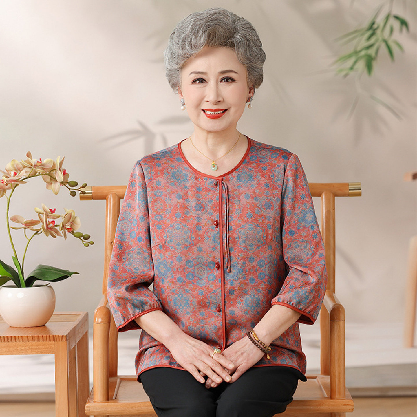 桑蚕丝奶奶夏装两件套