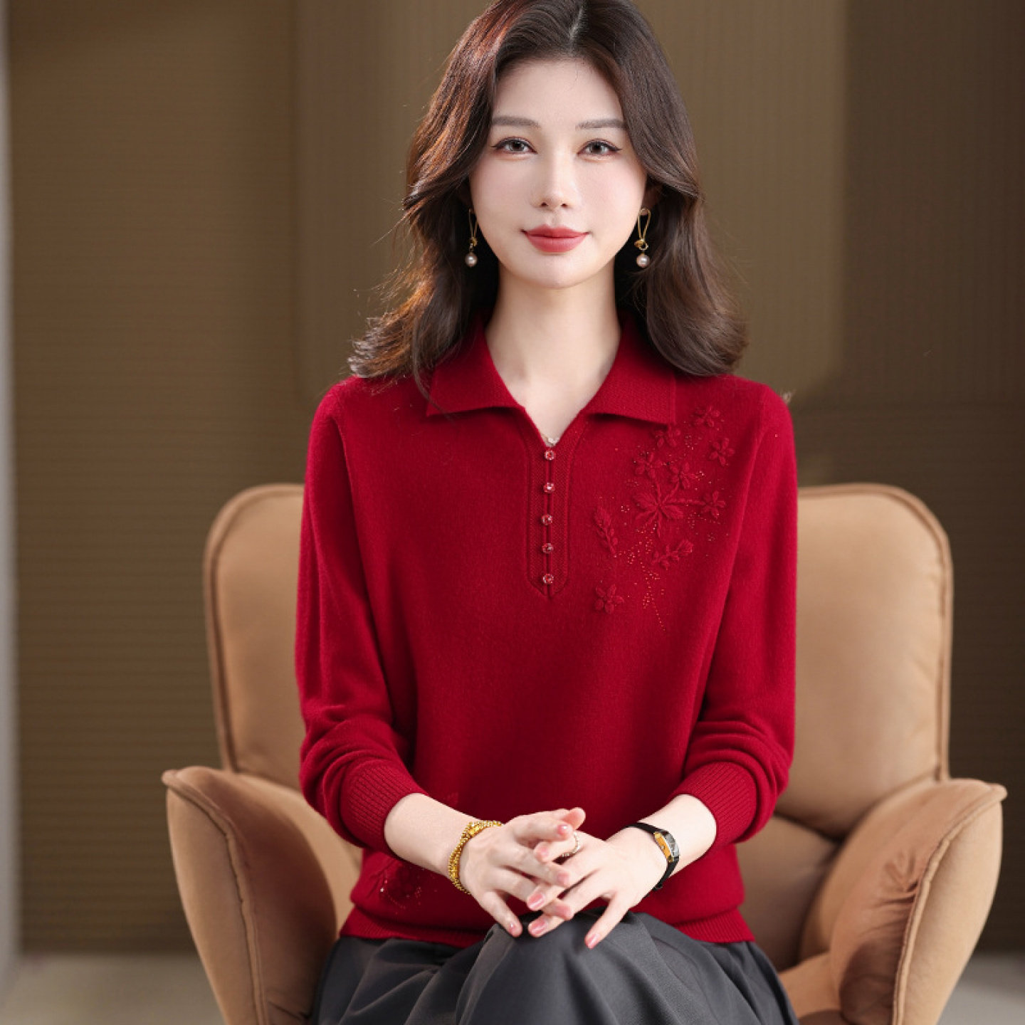 【100%纯山羊绒】针织羊绒衫打底衫女厚款中老年妈妈毛衣上衣秋冬