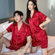 红色结婚加肥加大码 胖mm200斤女家居服套装 情侣睡衣男夏冰丝短袖