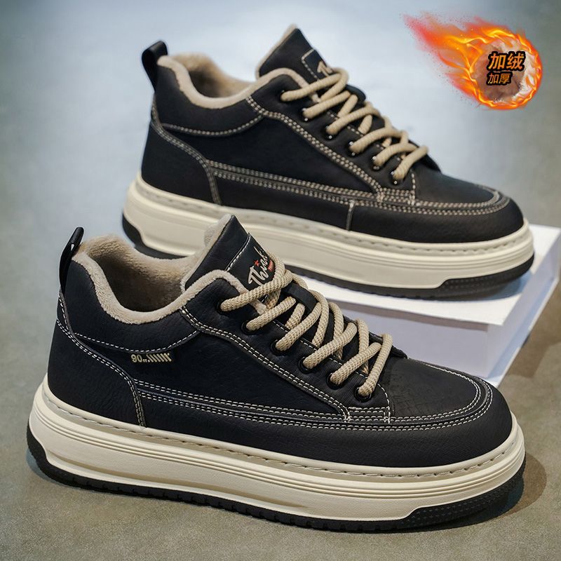 中帮男鞋秋冬款鞋子男百搭潮鞋板鞋白底黑面厚底休闲风年轻人皮鞋