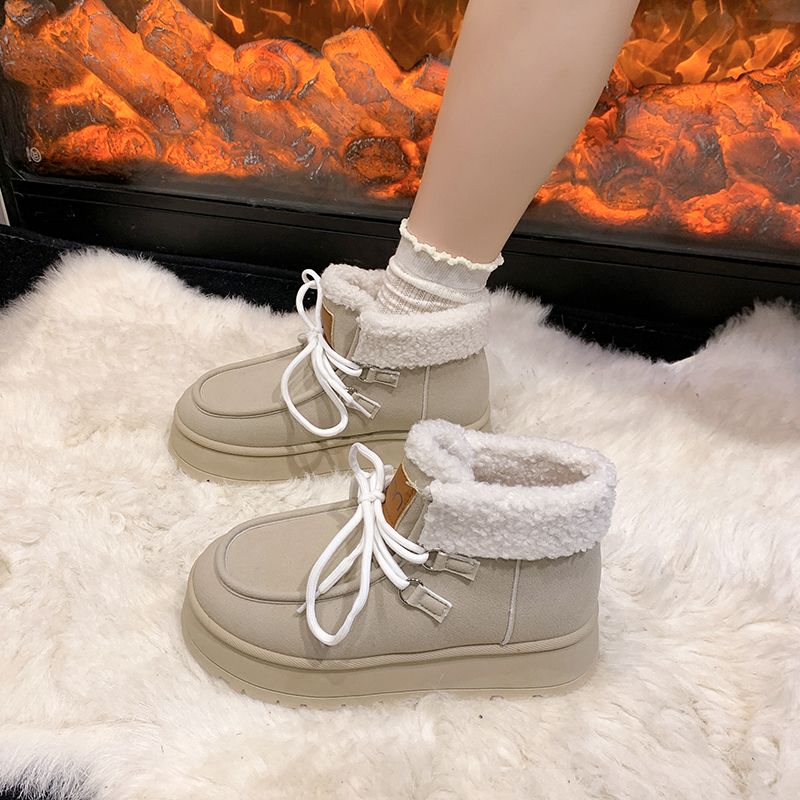 河南桑坡羊皮毛一体羊毛外翻毛松糕厚底系带雪地靴女短筒短靴