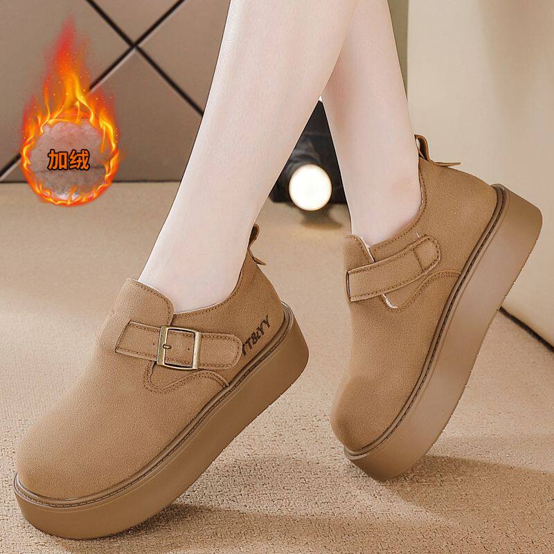 冬季勃肯鞋女厚底增高牛皮加绒加厚毛毛一脚蹬懒人博肯鞋棉鞋