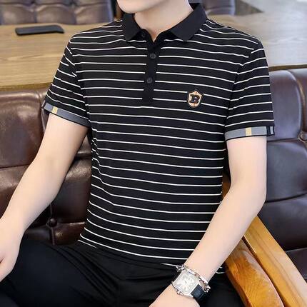 高档新款条纹翻领polo衫男士短袖T恤夏休闲修身爸爸装中青年上衣