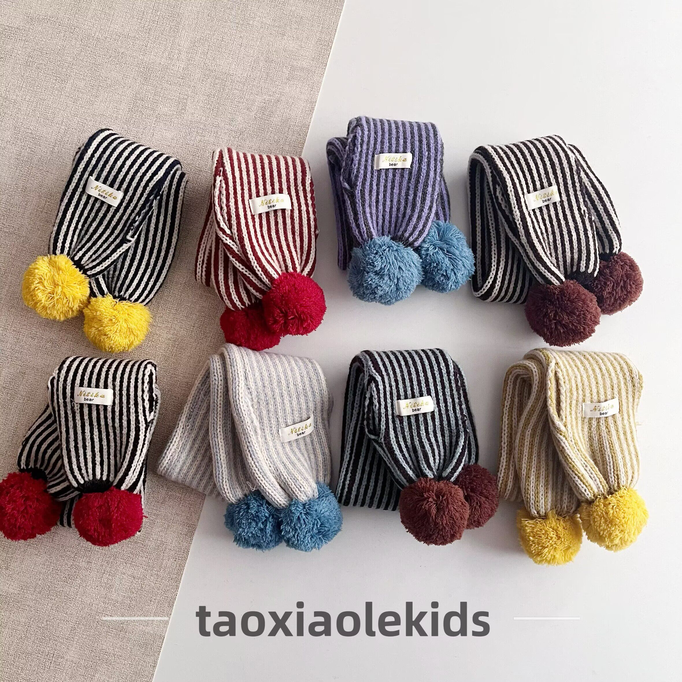 ins小众款儿童竖条球球围巾 冬季洋气男女童保暖交叉围脖针织脖套