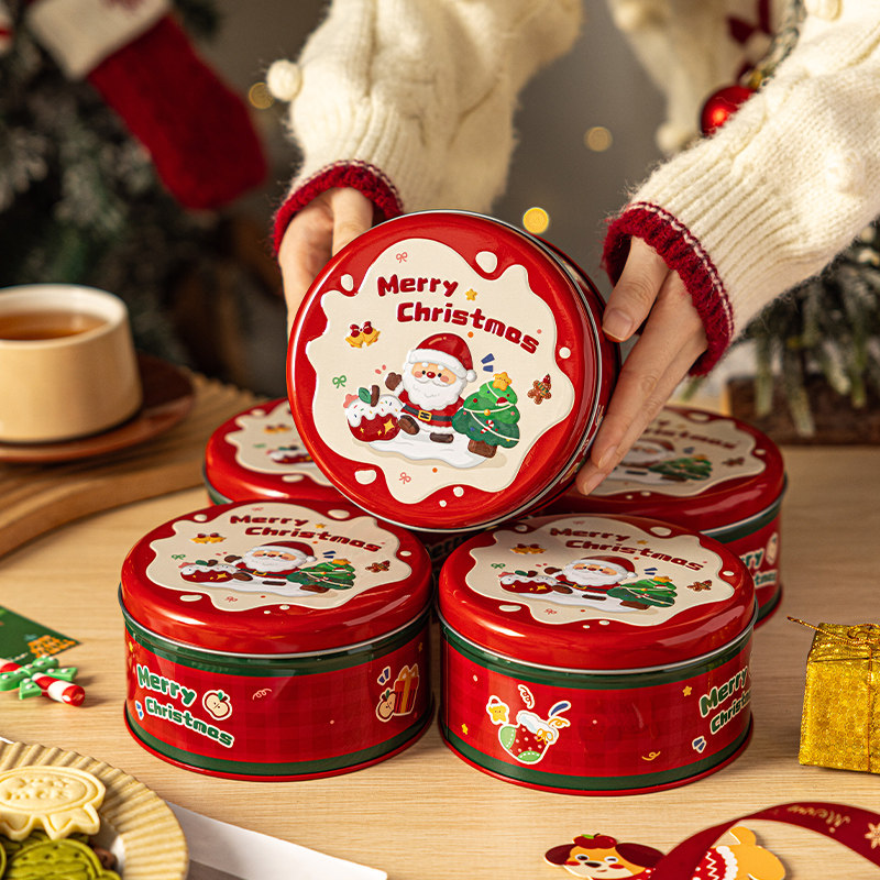 2026款圣诞节曲奇饼干包装盒圆形铁盒子空糖果糖霜太妃糖礼盒罐子