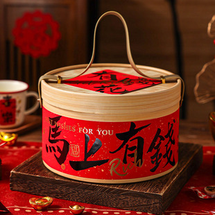 新年马年中式蒸笼抱抱桶马上有钱饼干糖果年饼包装盒烘焙礼盒空盒