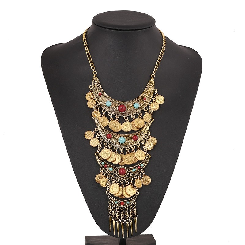 复古项链女款2024新款民族风夸张钱币流苏松石颈链旅游拍照饰品