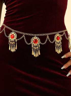 2024新款腰饰波西米亚民族风红色宝石流苏腰链女高级感裙子配饰