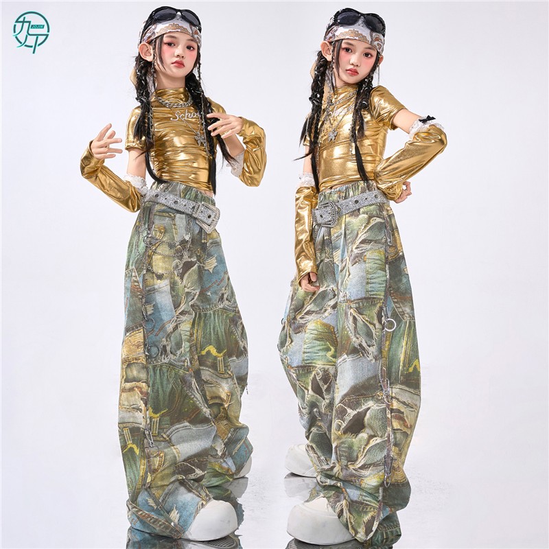 女童爵士舞服装女团金色上衣舞台走秀潮服韩舞街舞打歌舞表演出服