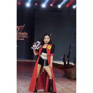 女童模特走秀红色港风儿童潮服礼服好猫步山河图走秀演出服