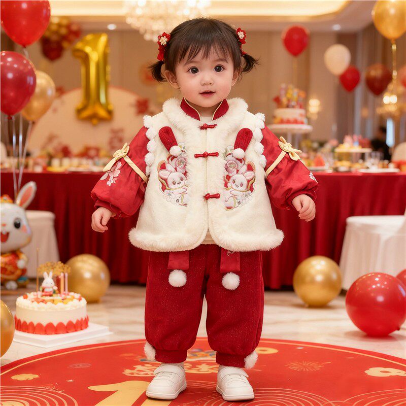 周岁绒厚礼服服中国拜年唐装女宝抓周抓周宴加汉服风冬装套装女童