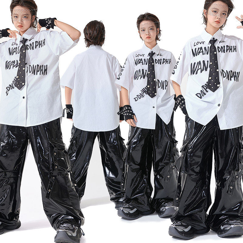 街舞儿童潮服嘻哈男童酷帅衬衫皮裤套装hiphop女童潮牌走秀演出服