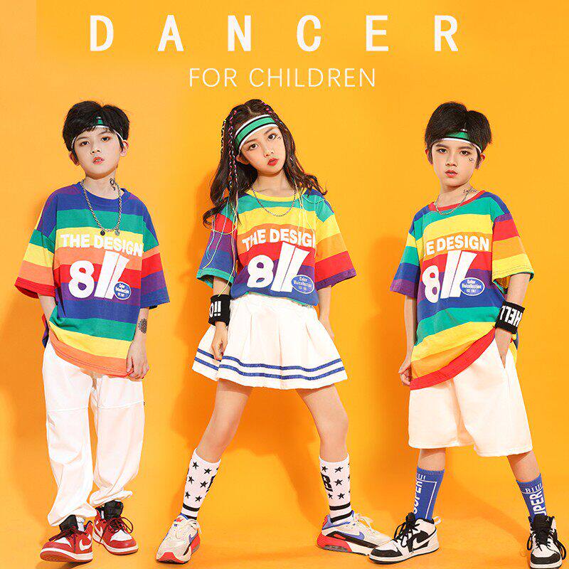 嘻哈儿童街舞潮服六一啦啦队舞蹈演出服夏季幼儿园毕业彩虹表演服