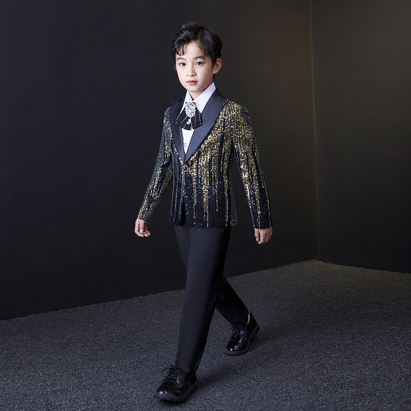 男童七彩流星亮片西服套装花童礼服钢琴演出帅气儿童走秀模特西装