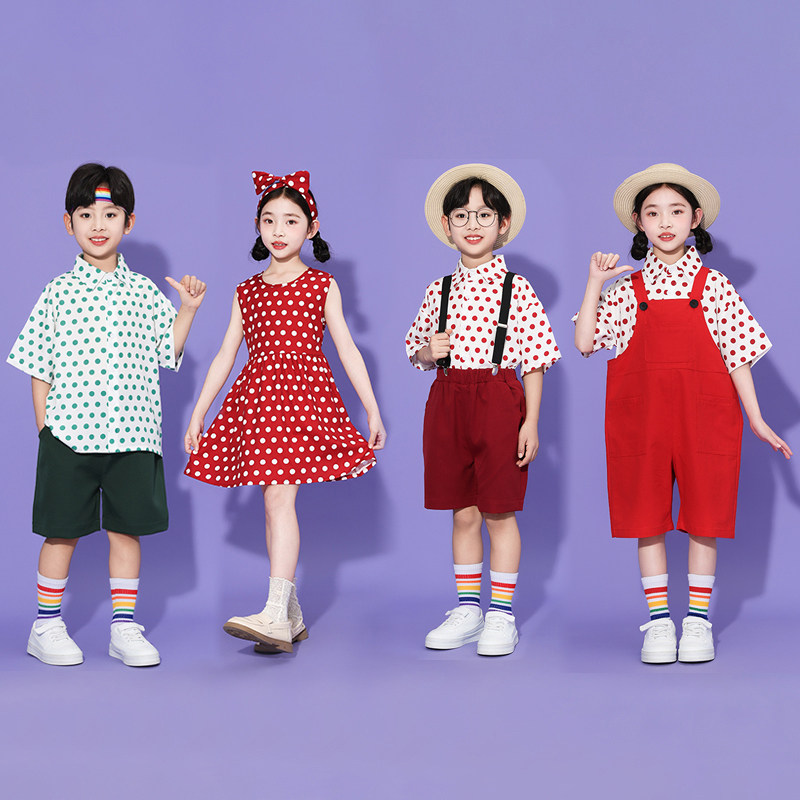 六一儿童港风波点背带裤演出服幼儿园毕业照8090年代怀旧复古童装