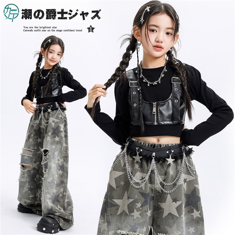 女孩爵士舞服女童潮酷露脐上衣jazz舞蹈服韩舞打歌舞走秀表演出服