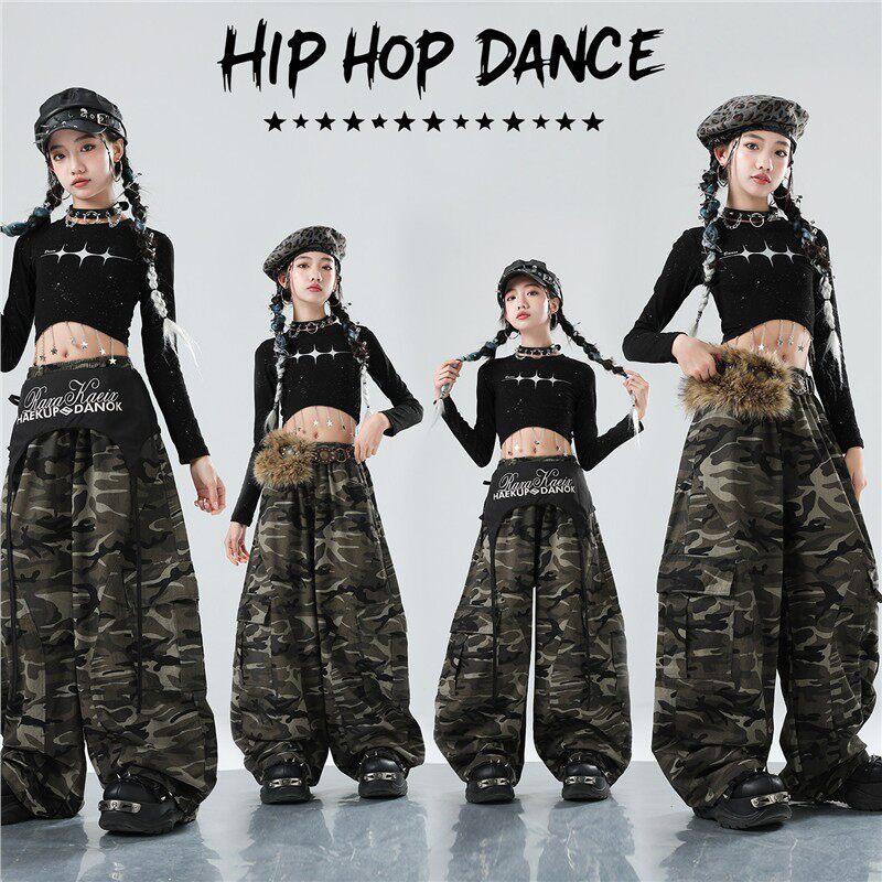 女童嘻哈街舞服秋少儿迷彩工装潮酷爵士套装儿童hiphop走秀演出服