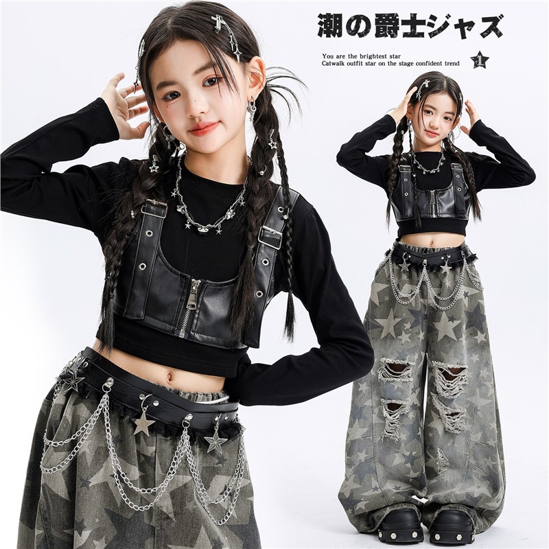 爵士舞女童服装露脐韩版潮酷马甲套装少儿jazz元旦走秀表演出潮服