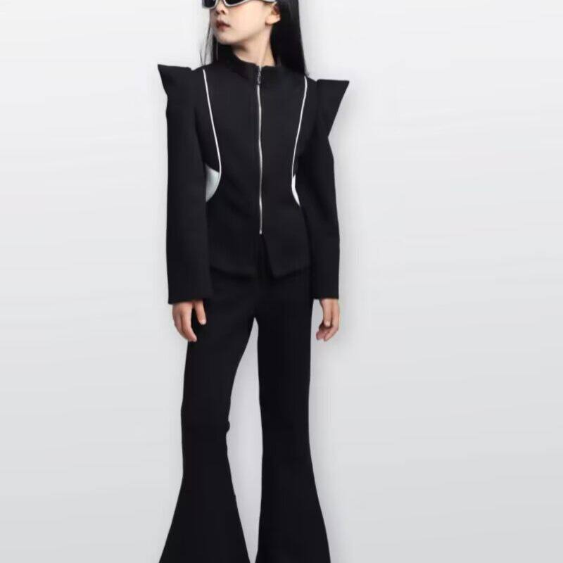 儿童模特训练服女童少儿形体礼仪童模练功服T台走秀潮服秋冬黑色