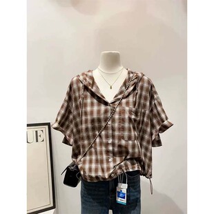 大码胖mm300斤复古格子衬衫女款夏宽松遮肚连帽短袖衬衣上衣外套