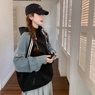 特大码 300斤胖mm拼接假两件牛仔卫衣女春秋宽松显瘦遮肉上衣ins潮