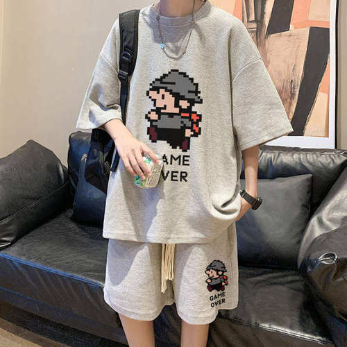 华夫格休闲运动服套装男夏季港风潮牌短袖短裤两件套青少年大码