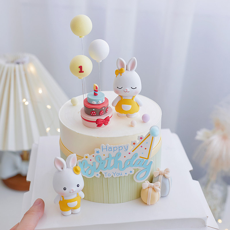 小兔子生日蛋糕装饰摆件可爱小兔宝宝男孩女孩周岁百天甜品台插件