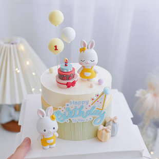 小兔子生日蛋糕装 饰摆件可爱小兔宝宝男孩女孩周岁百天甜品台插件