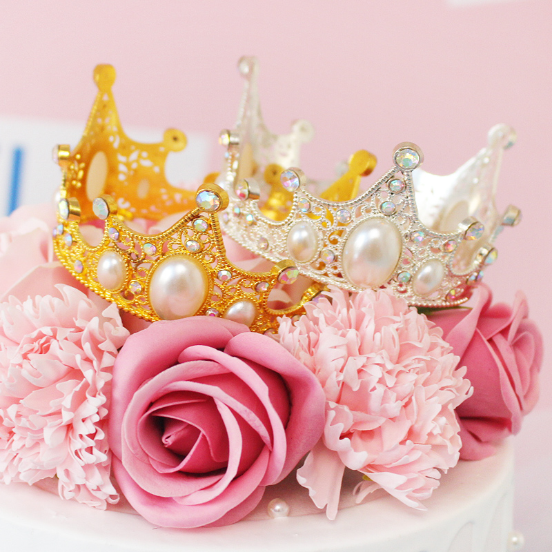新款情人节小皇冠蛋糕装饰摆件女王复古大珍珠女神生日烘培装扮