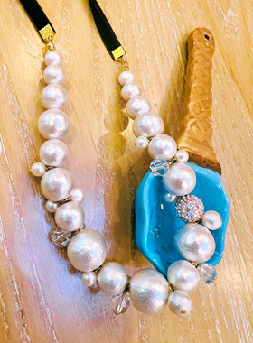 Miss C日本贵和棉花珍珠进口咖啡色缎带项链