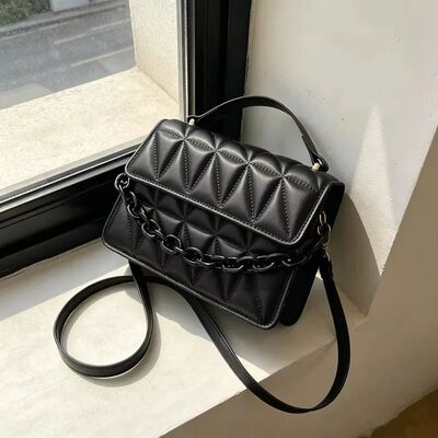 Women's black quilted chain crossbody bag, stylish handbag w